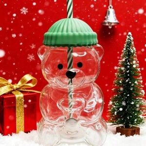 Bear Cup with Green Lid and Straw